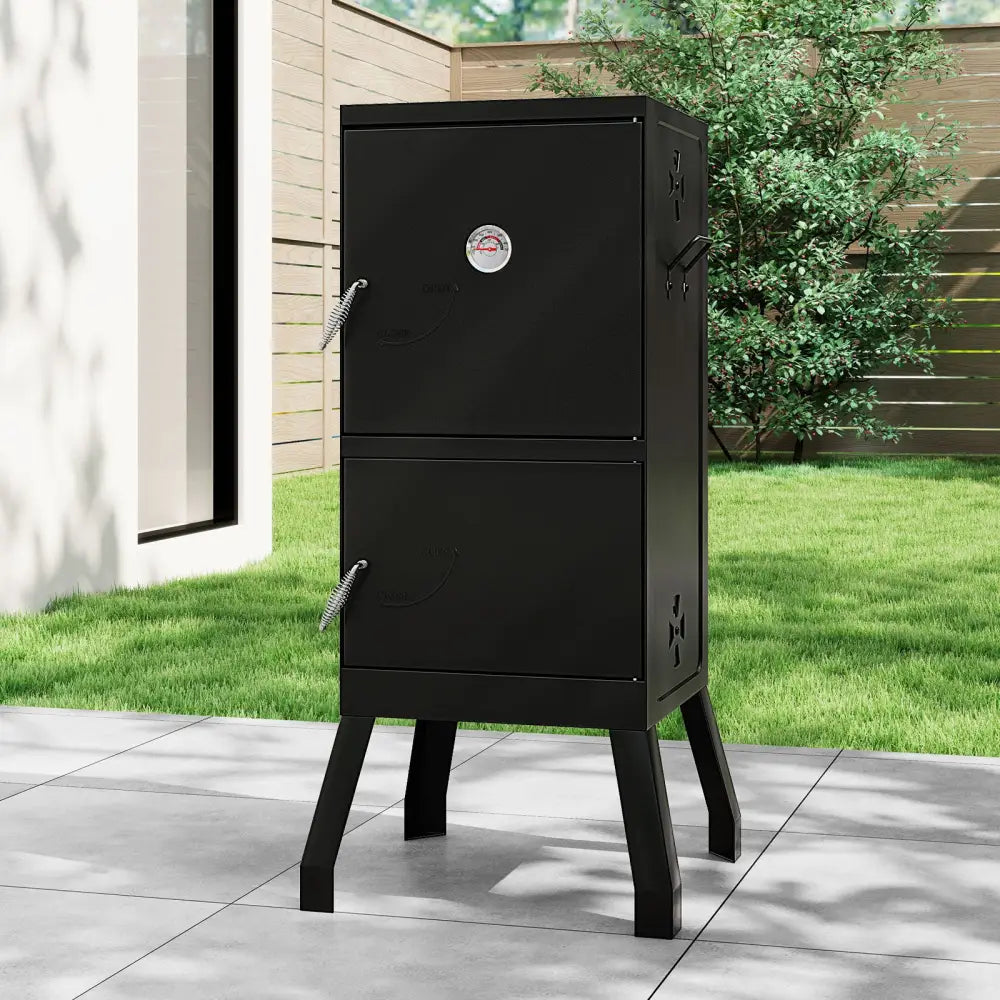 Vertical 2-tier Outdoor Barbeque Grill with Temperature Gauge - Black - Outdoor Grills
