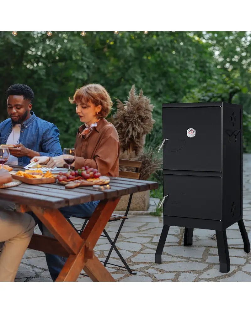 Vertical 2-tier Outdoor Barbeque Grill with Temperature Gauge - Black - Outdoor Grills
