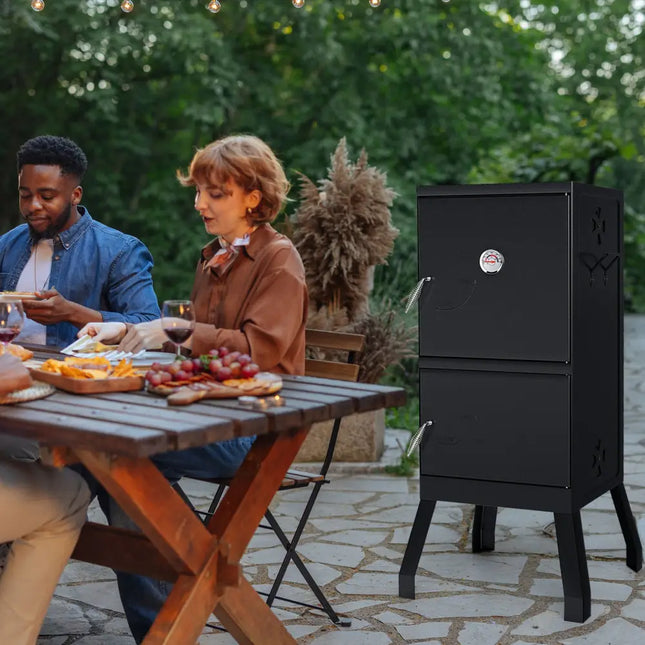 Vertical 2-tier Outdoor Barbeque Grill with Temperature Gauge - Black - Outdoor Grills