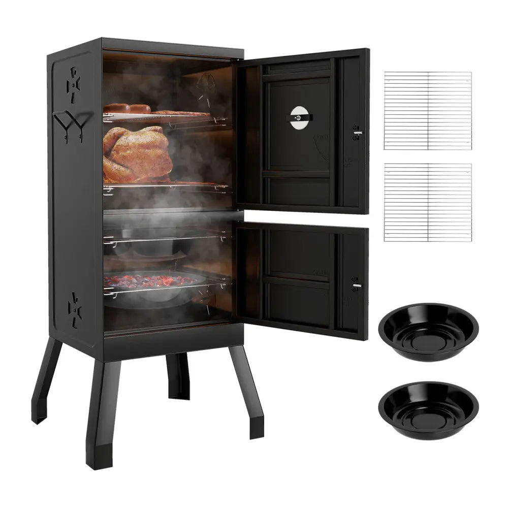 Vertical 2-tier Outdoor Barbeque Grill with Temperature Gauge - Black - Outdoor Grills