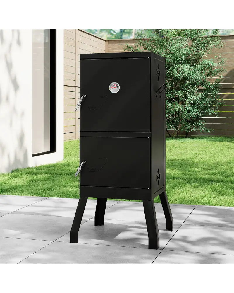 Vertical 2-tier Outdoor Barbeque Grill with Temperature Gauge - Black - Outdoor Grills