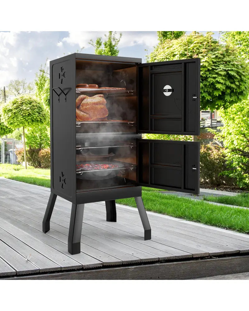 Vertical 2-tier Outdoor Barbeque Grill with Temperature Gauge - Black - Outdoor Grills