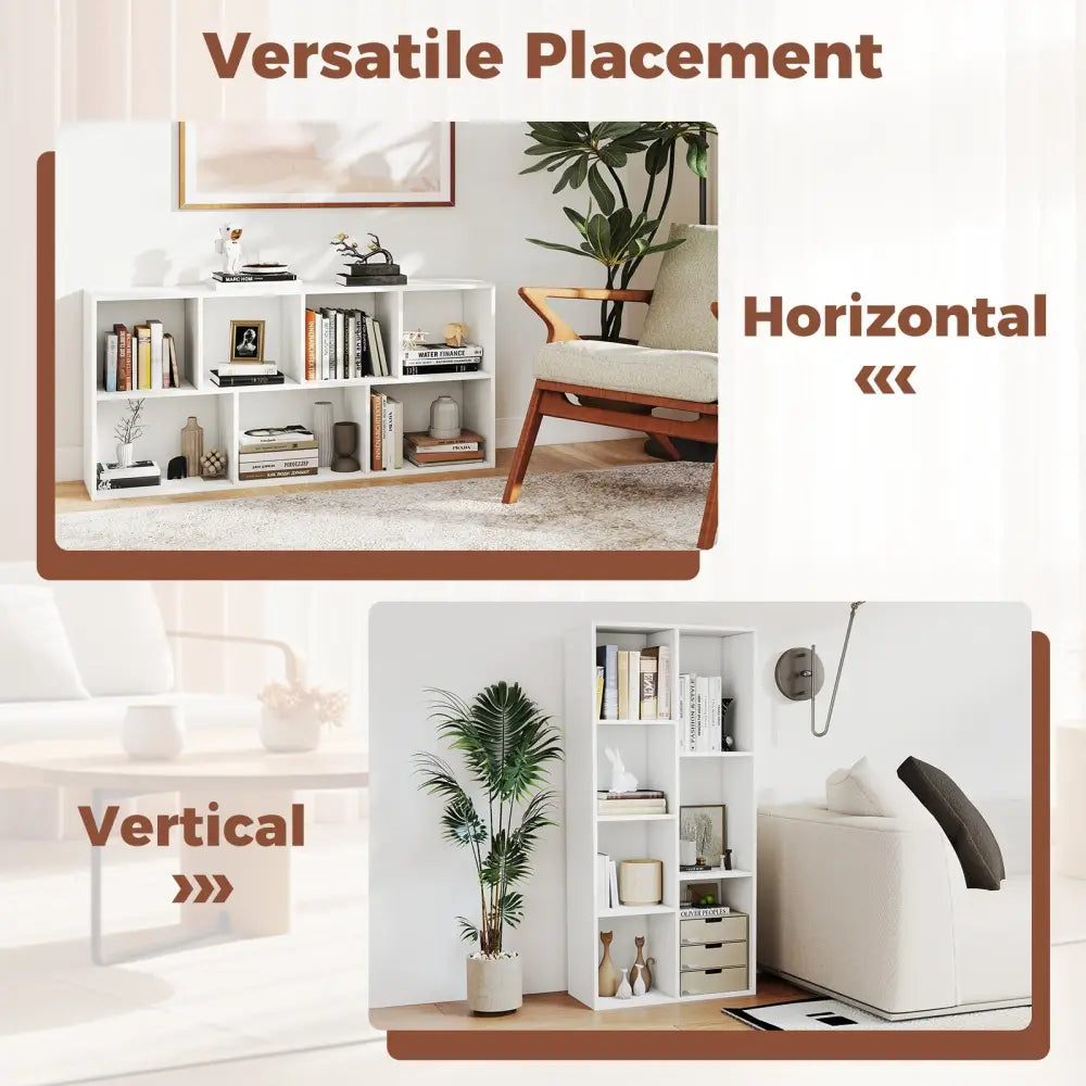 Vertical or Horizontal Freestanding Bookshelf with 7 Compartments-White - White - Bookcases