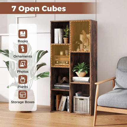 Vertical or Horizontal Freestanding Bookshelf with 7 Compartments-Rustic Brown - Rustic Brown - Bookcases