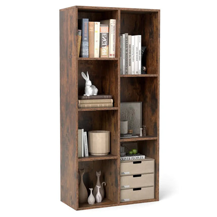 Vertical or Horizontal Freestanding Bookshelf with 7 Compartments-Rustic Brown - Rustic Brown - Bookcases