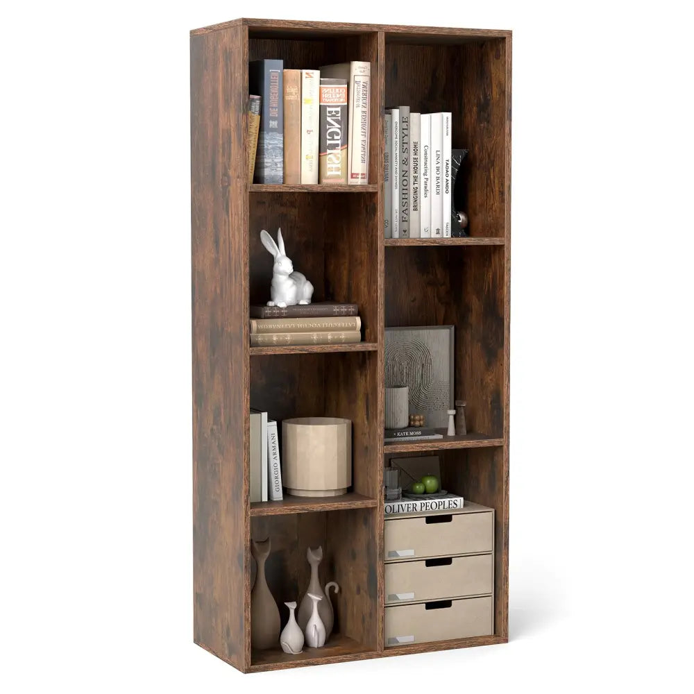 Vertical or Horizontal Freestanding Bookshelf with 7 Compartments-Rustic Brown - Rustic Brown - Bookcases