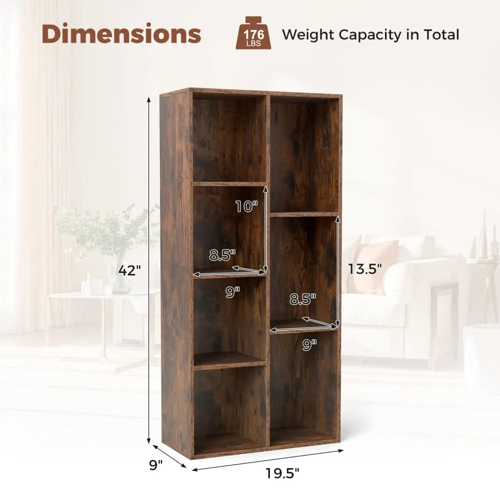 Vertical or Horizontal Freestanding Bookshelf with 7 Compartments-Rustic Brown - Rustic Brown - Bookcases