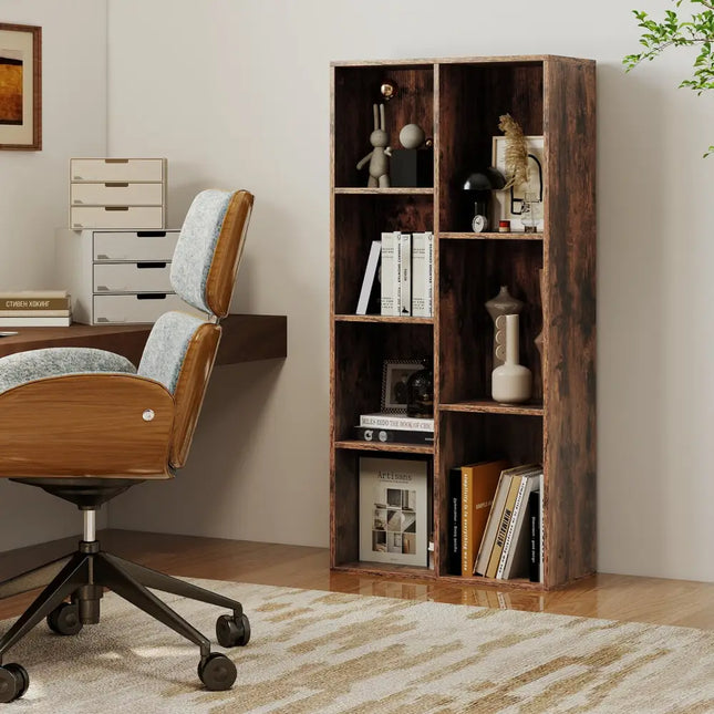 Vertical or Horizontal Freestanding Bookshelf with 7 Compartments-Rustic Brown - Rustic Brown - Bookcases