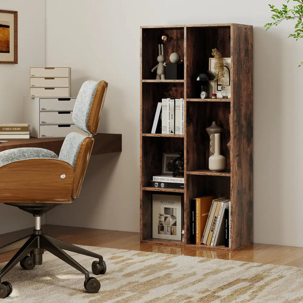 Vertical or Horizontal Freestanding Bookshelf with 7 Compartments-Rustic Brown - Rustic Brown - Bookcases