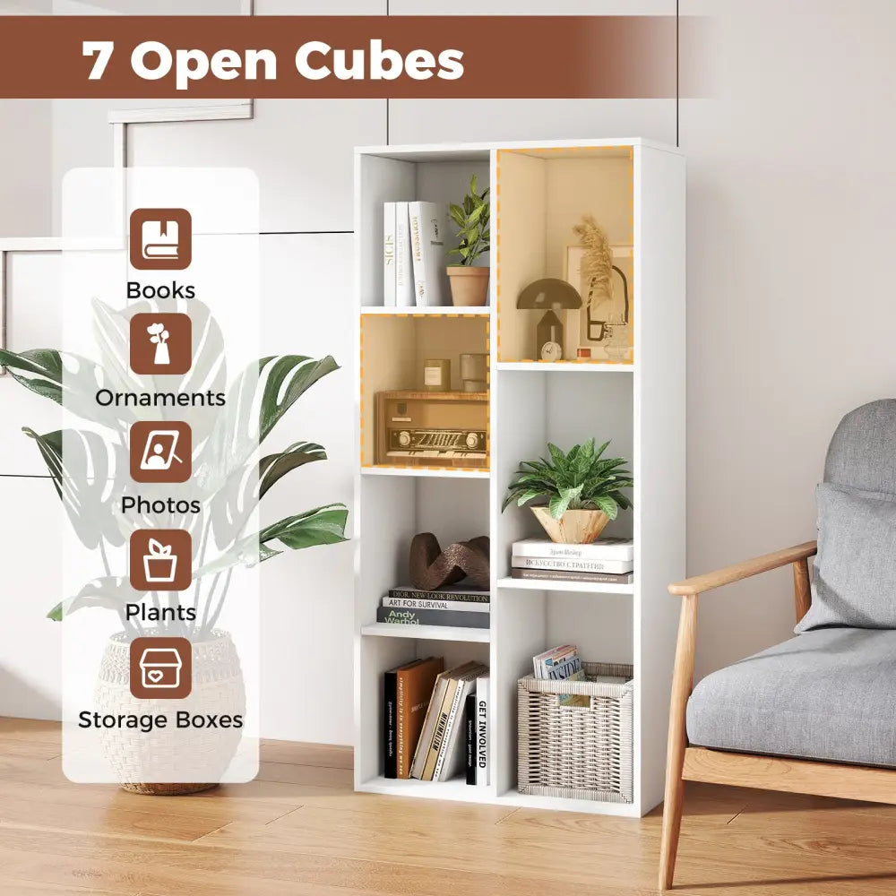 Vertical or Horizontal Freestanding Bookshelf with 7 Compartments-White - White - Bookcases