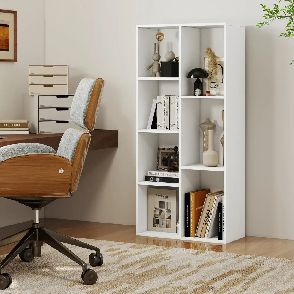 Vertical or Horizontal Freestanding Bookshelf with 7 Compartments-White - White - Bookcases