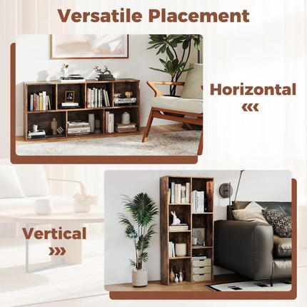 Vertical or Horizontal Freestanding Bookshelf with 7 Compartments-Rustic Brown - Rustic Brown - Bookcases