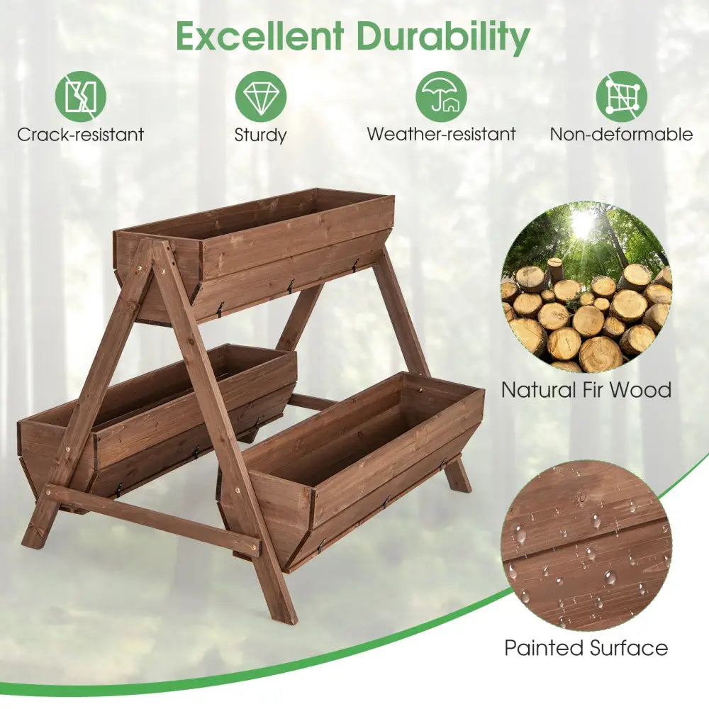 Vertical Raised Garden bed with 3 Wooden Planter Boxes-L - Brown - Raised Garden Beds