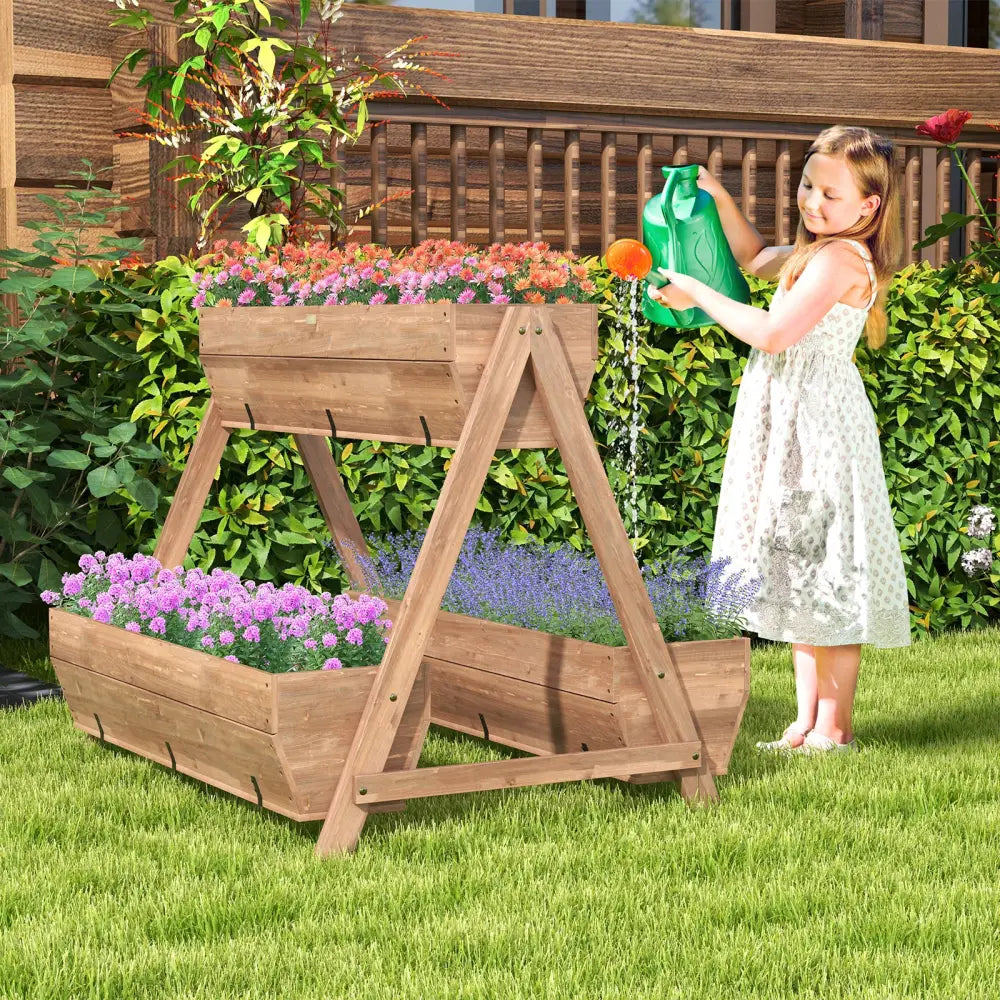 Vertical Raised Garden bed with 3 Wooden Planter Boxes-L - Brown - Raised Garden Beds