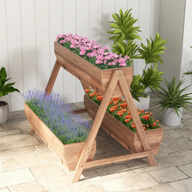 Vertical Raised Garden bed with 3 Wooden Planter Boxes-L - Brown - Raised Garden Beds