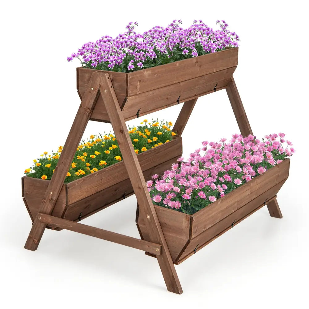 Vertical Raised Garden bed with 3 Wooden Planter Boxes-L - Brown - Raised Garden Beds