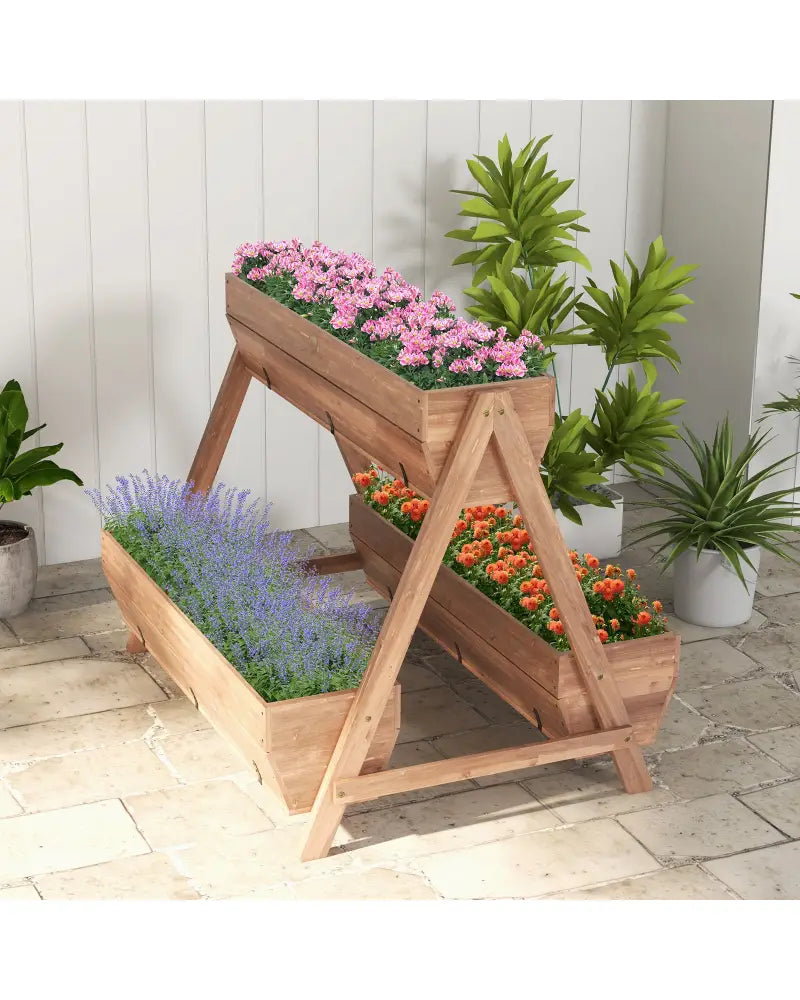 Vertical Raised Garden bed with 3 Wooden Planter Boxes-L - Brown - Raised Garden Beds