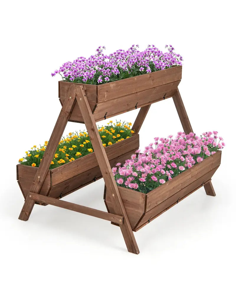Vertical Raised Garden bed with 3 Wooden Planter Boxes-L - Brown - Raised Garden Beds