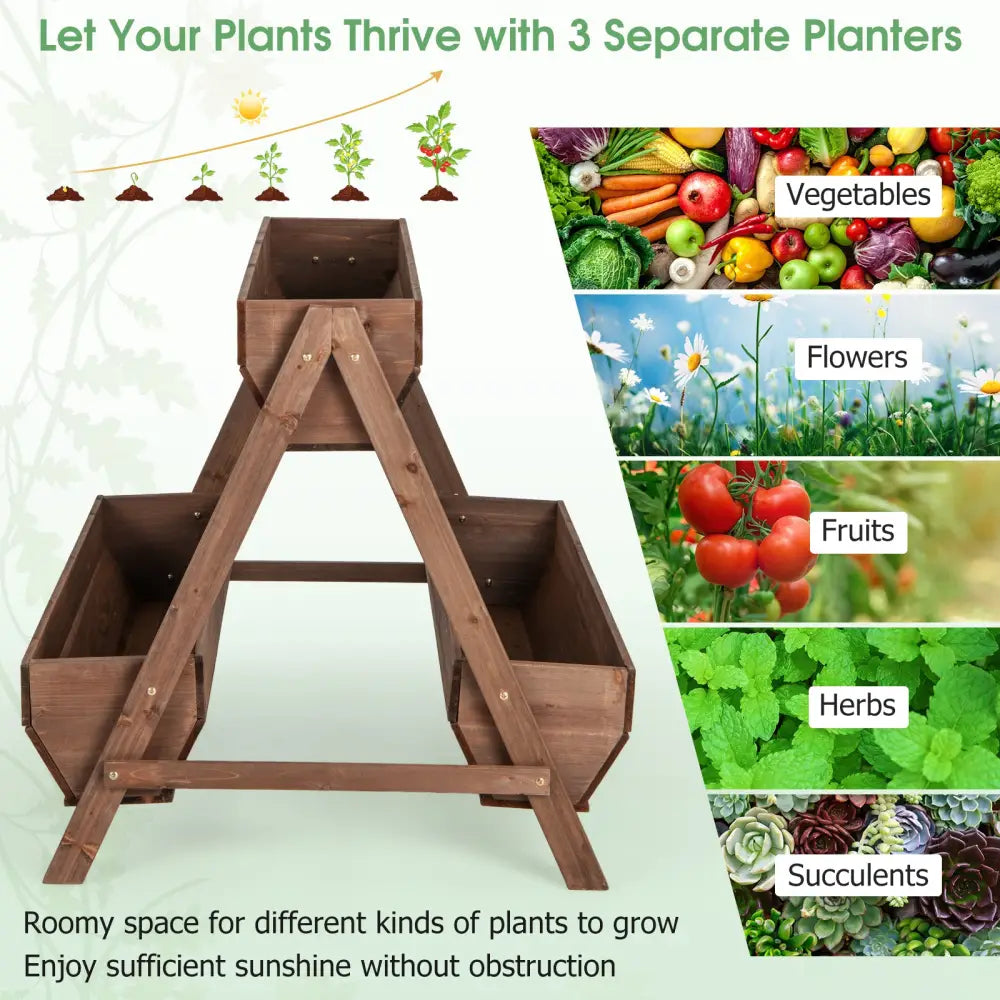 Vertical Raised Garden bed with 3 Wooden Planter Boxes-L - Brown - Raised Garden Beds