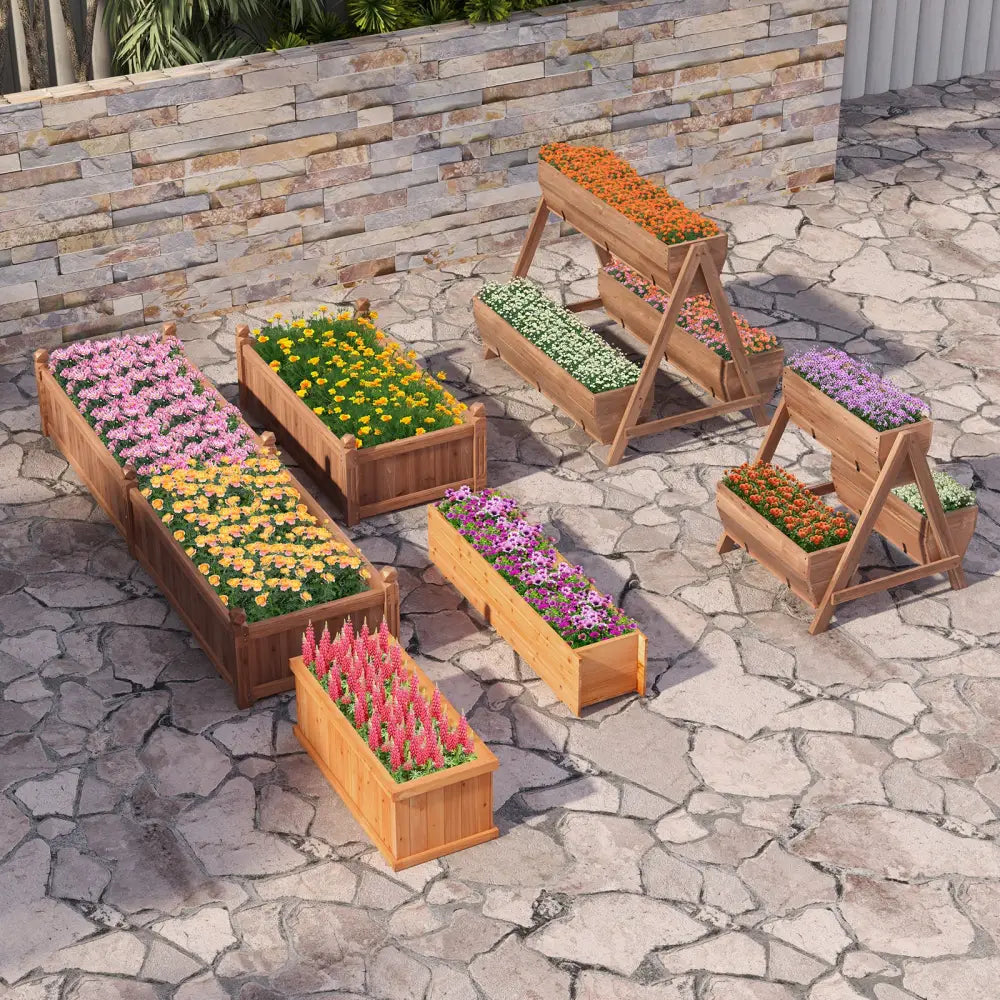 Vertical Raised Garden bed with 3 Wooden Planter Boxes-L - Brown - Raised Garden Beds