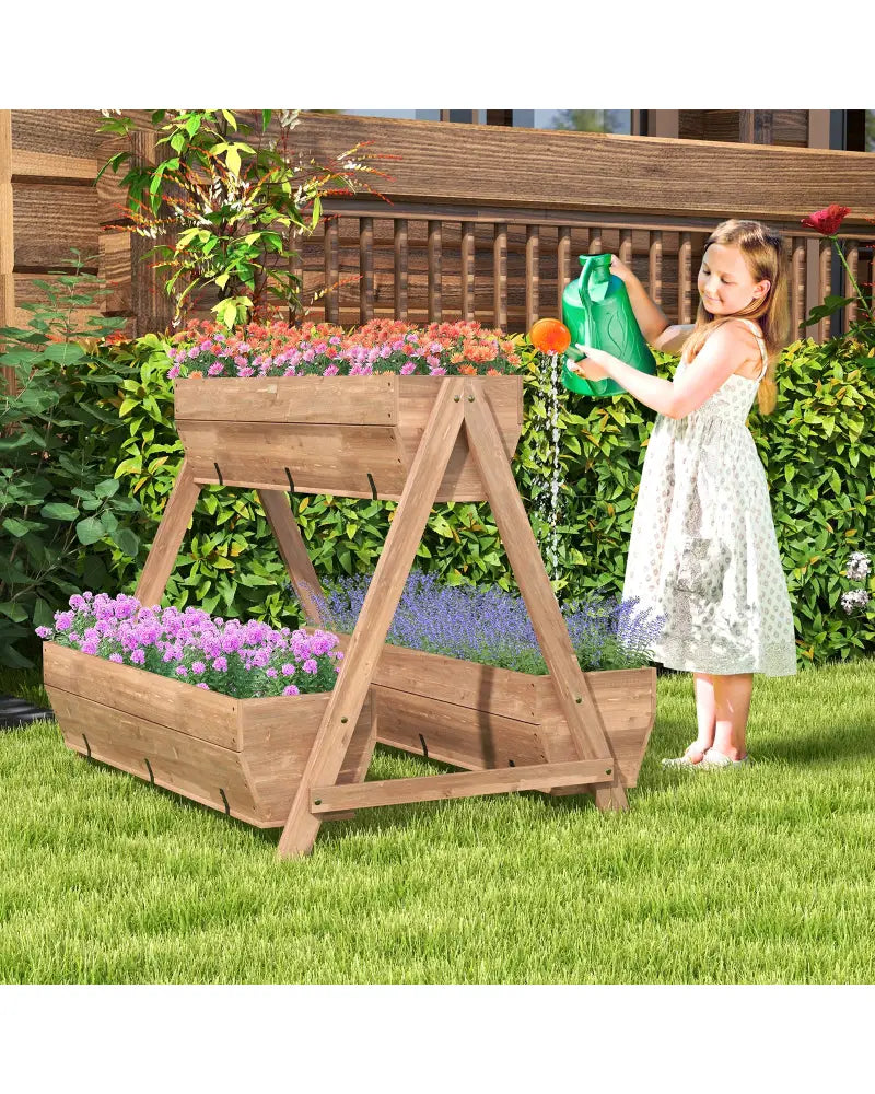 Vertical Raised Garden bed with 3 Wooden Planter Boxes-L - Brown - Raised Garden Beds