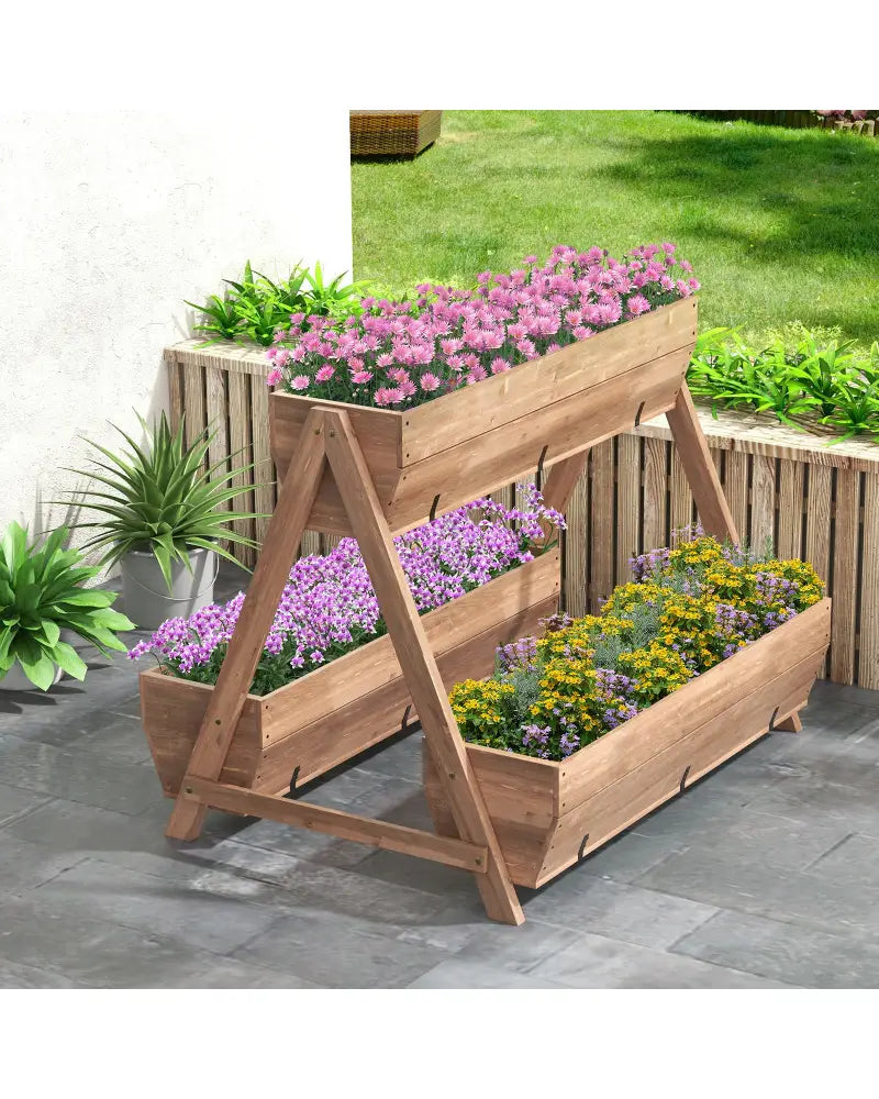 Vertical Raised Garden bed with 3 Wooden Planter Boxes-L - Brown - Raised Garden Beds