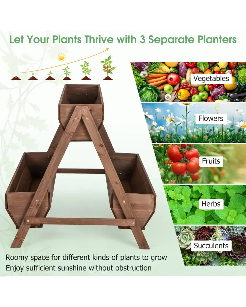 Vertical Raised Garden bed with 3 Wooden Planter Boxes-L - Brown - Raised Garden Beds