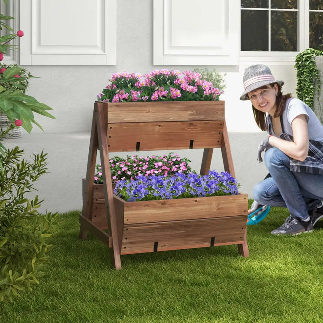 Vertical Raised Garden bed with 3 Wooden Planter Boxes-S - Brown - Raised Garden Beds