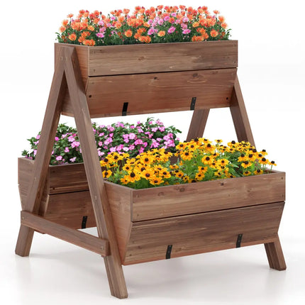 Vertical Raised Garden bed with 3 Wooden Planter Boxes-S - Brown - Raised Garden Beds