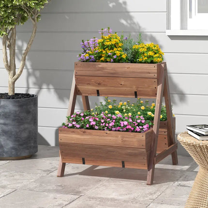 Vertical Raised Garden bed with 3 Wooden Planter Boxes-S - Brown - Raised Garden Beds