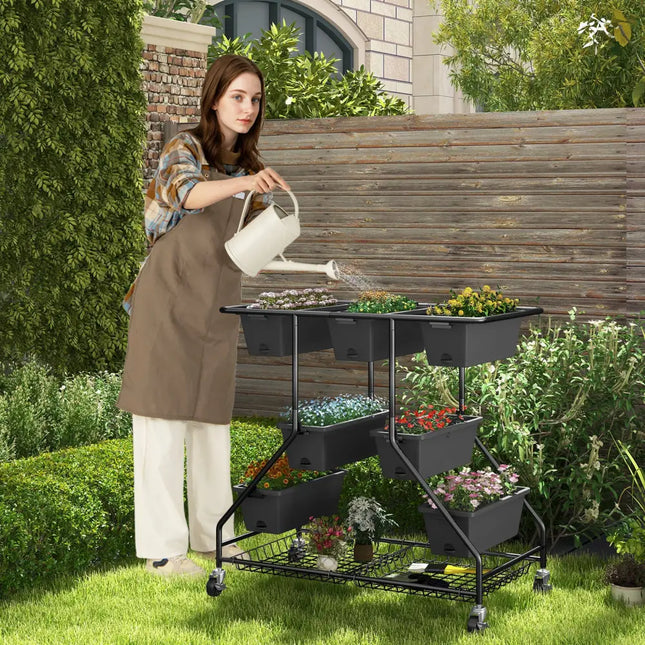 Vertical Raised Garden Bed with 7 Planter Boxes and Storage Baskets-Black - Black - Raised Garden Beds