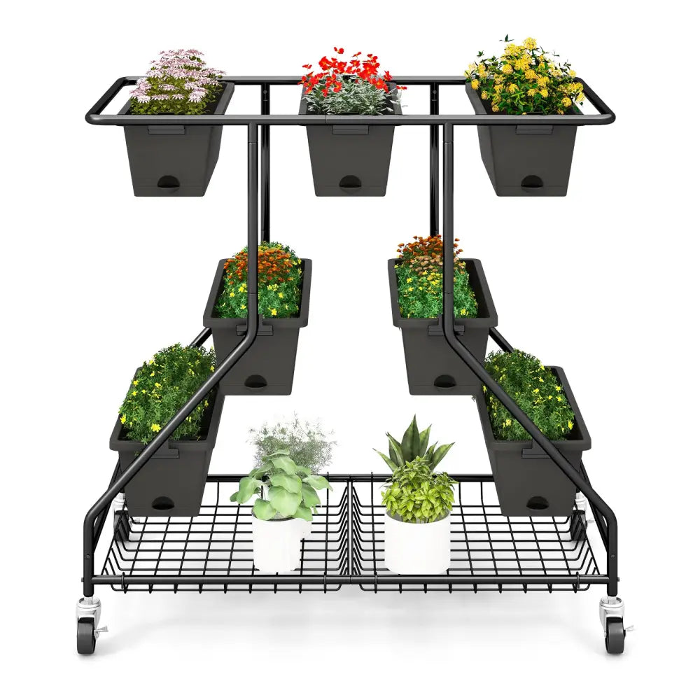 Vertical Raised Garden Bed with 7 Planter Boxes and Storage Baskets-Black - Black - Raised Garden Beds