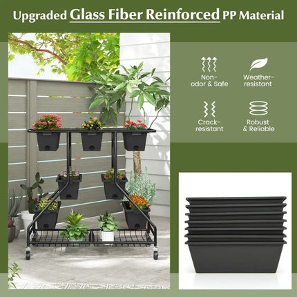 Vertical Raised Garden Bed with 7 Planter Boxes and Storage Baskets-Black - Black - Raised Garden Beds