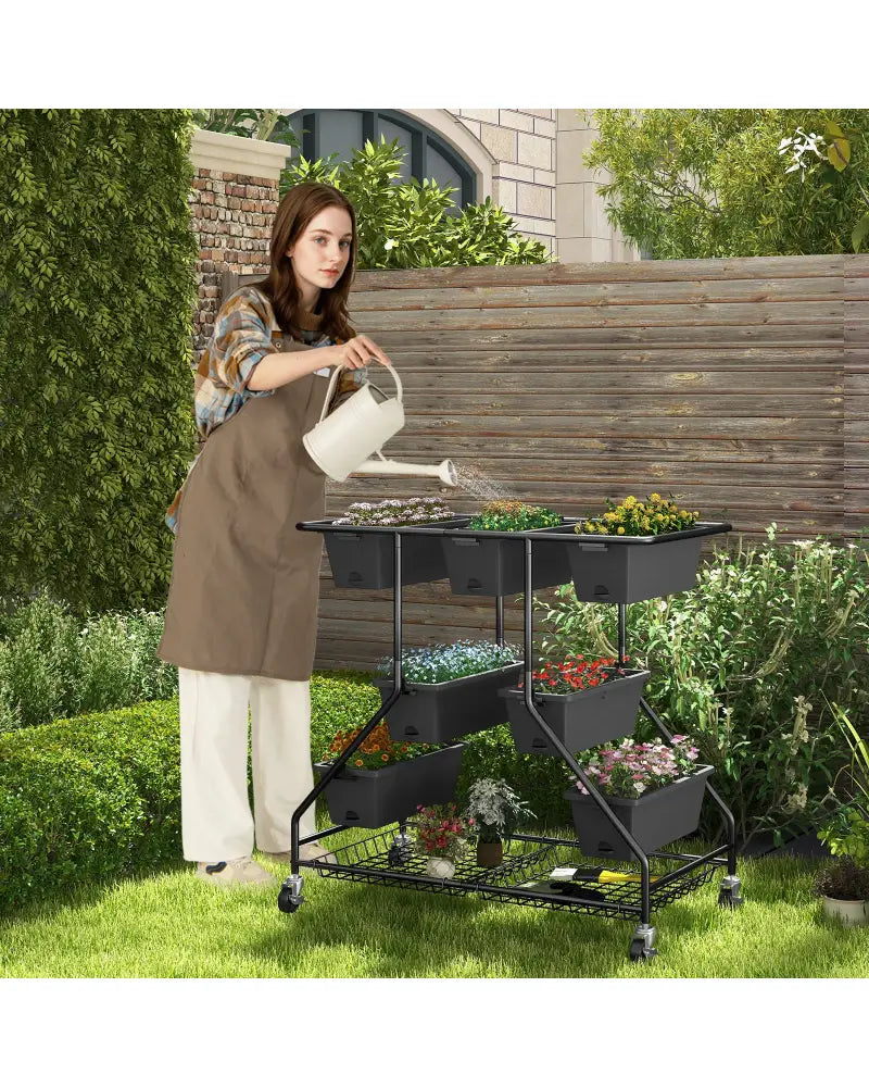 Vertical Raised Garden Bed with 7 Planter Boxes and Storage Baskets-Black - Black - Raised Garden Beds