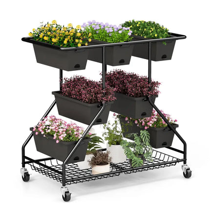 Vertical Raised Garden Bed with 7 Planter Boxes and Storage Baskets-Black - Black - Raised Garden Beds