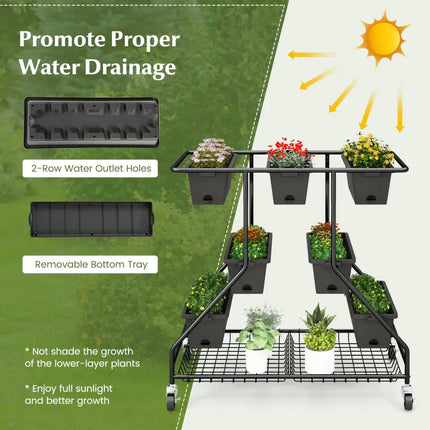 Vertical Raised Garden Bed with 7 Planter Boxes and Storage Baskets-Black - Black - Raised Garden Beds