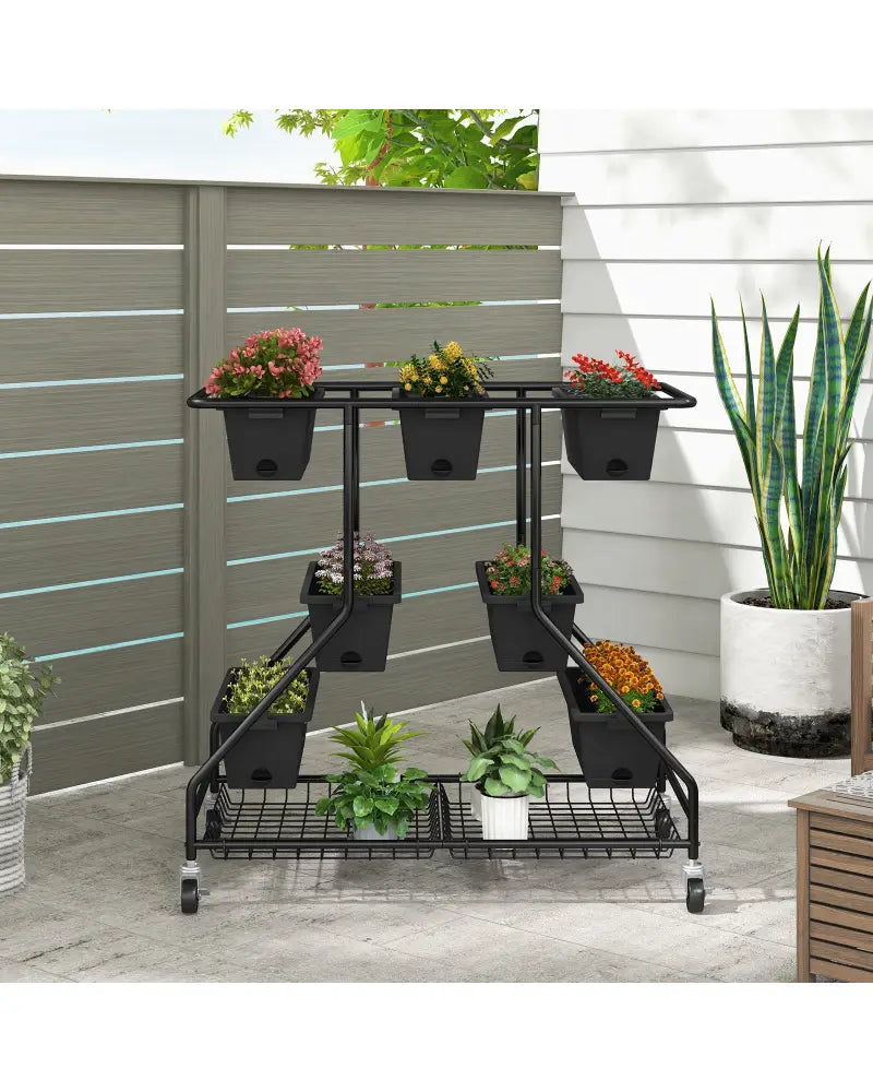 Vertical Raised Garden Bed with 7 Planter Boxes and Storage Baskets-Black - Black - Raised Garden Beds
