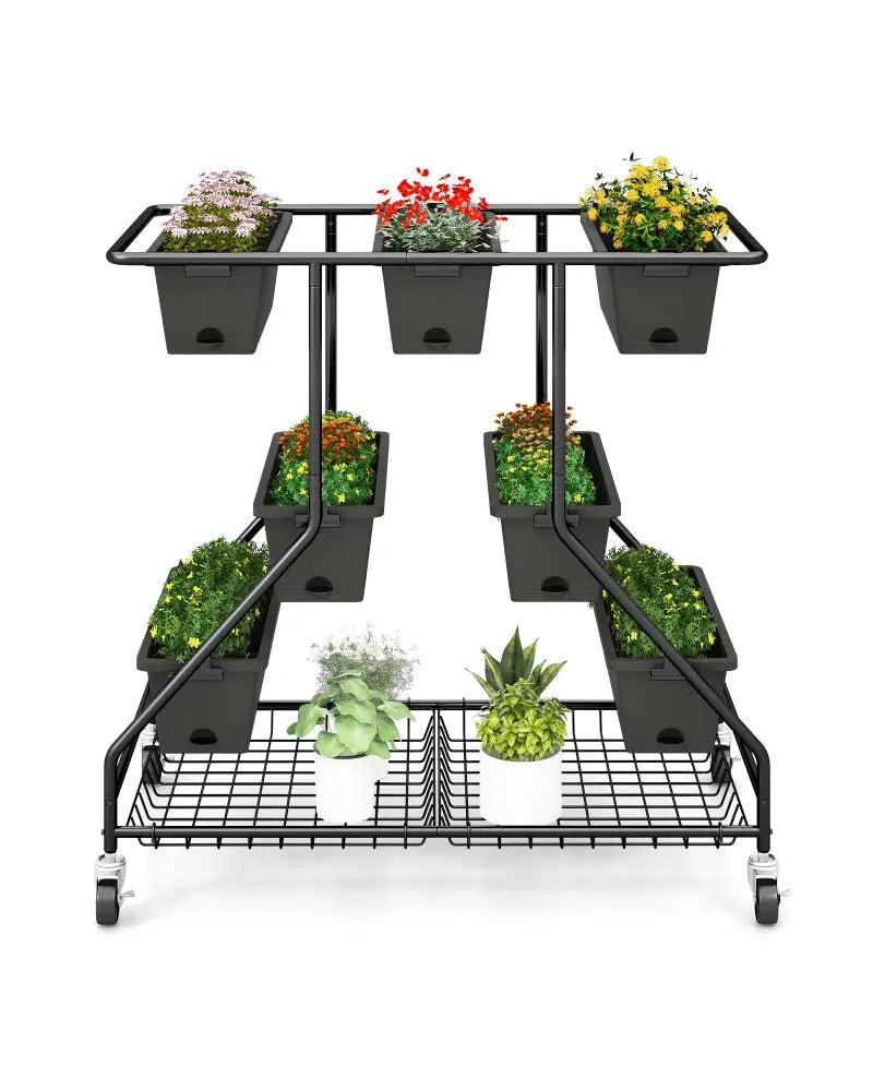 Vertical Raised Garden Bed with 7 Planter Boxes and Storage Baskets-Black - Black - Raised Garden Beds