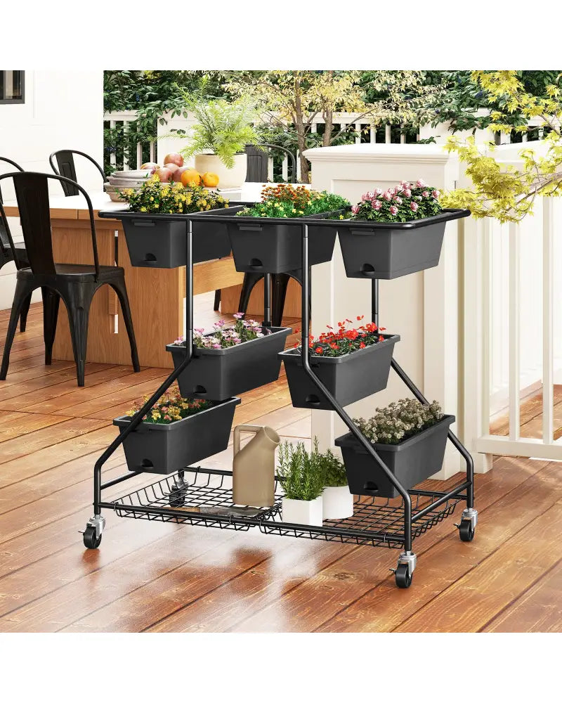 Vertical Raised Garden Bed with 7 Planter Boxes and Storage Baskets-Black - Black - Raised Garden Beds