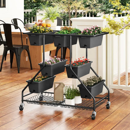 Vertical Raised Garden Bed with 7 Planter Boxes and Storage Baskets-Black - Black - Raised Garden Beds
