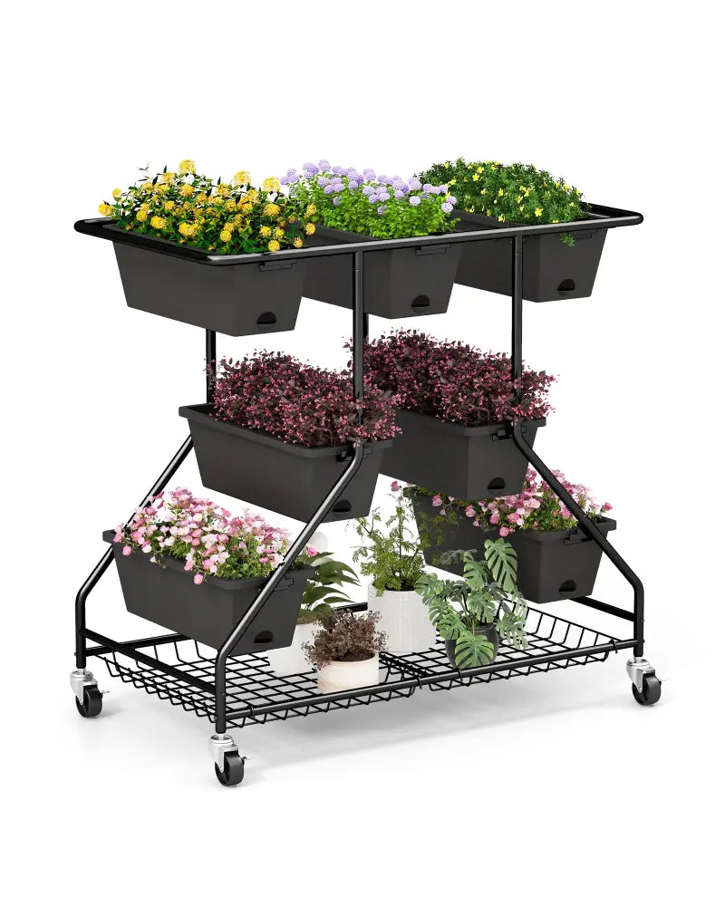 Vertical Raised Garden Bed with 7 Planter Boxes and Storage Baskets-Black - Black - Raised Garden Beds