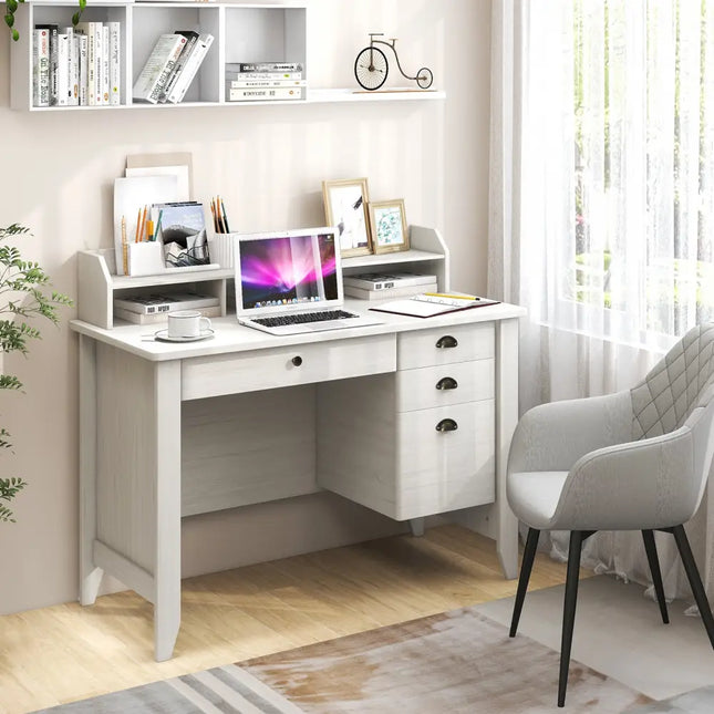 Vintage Computer Desk with Storage Shelves and 4 Drawers-White - White - Computer Desks