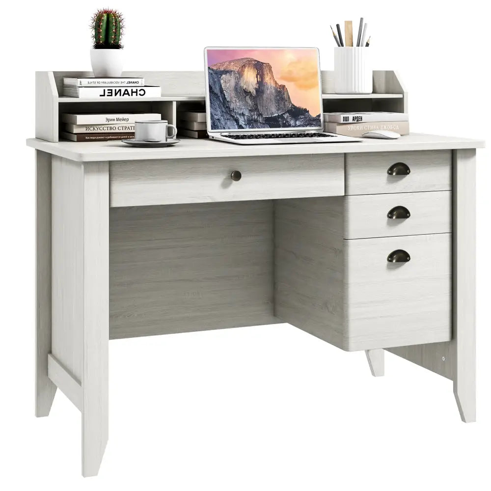 Vintage Computer Desk with Storage Shelves and 4 Drawers-White - White - Computer Desks