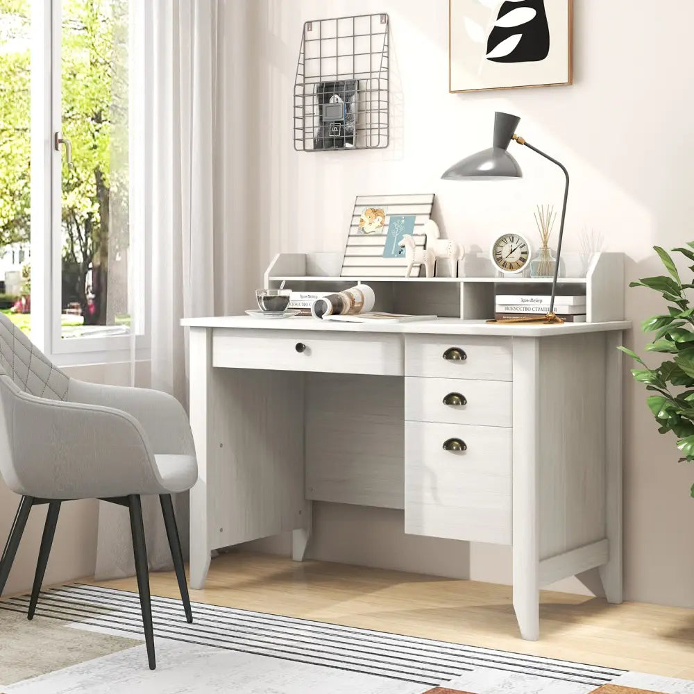 Vintage Computer Desk with Storage Shelves and 4 Drawers-White - White - Computer Desks