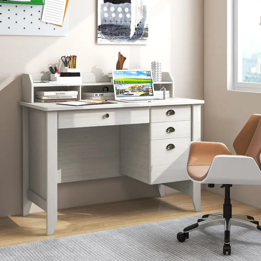 Vintage Computer Desk with Storage Shelves and 4 Drawers-White - White - Computer Desks
