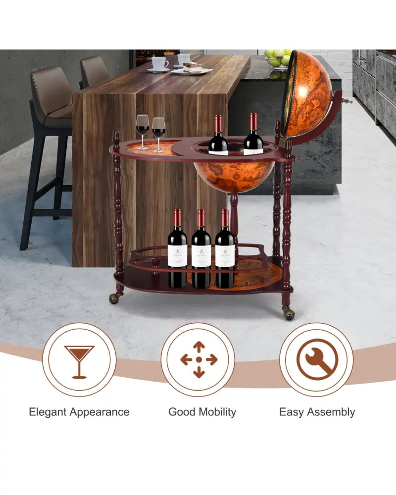 Vintage Globe Rolling Wine Bar Cart with Extra Shelf - Brown - Wine Racks