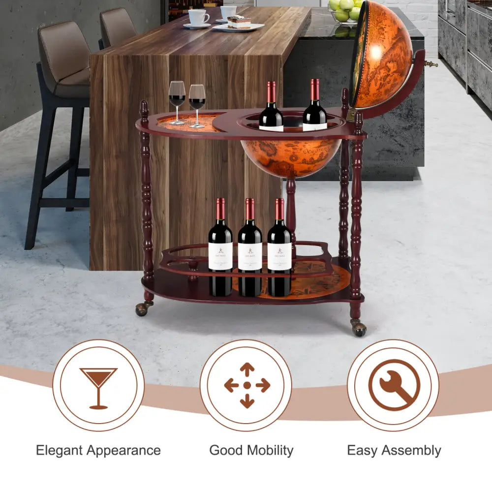 Vintage Globe Rolling Wine Bar Cart with Extra Shelf - Brown - Wine Racks