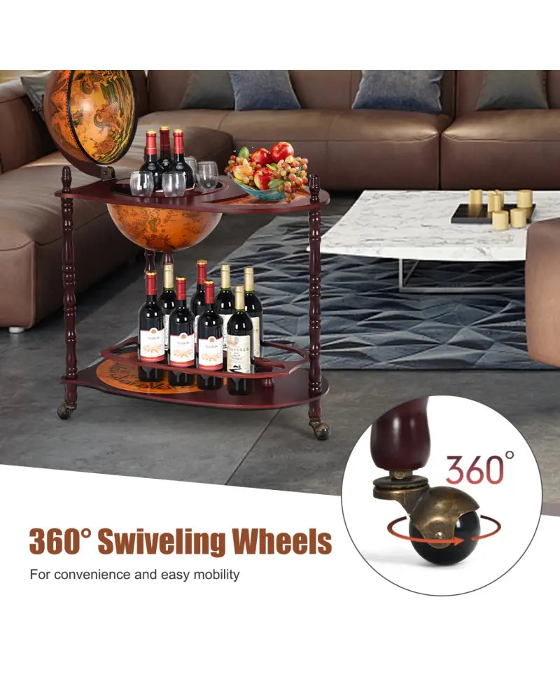 Vintage Globe Rolling Wine Bar Cart with Extra Shelf - Brown - Wine Racks