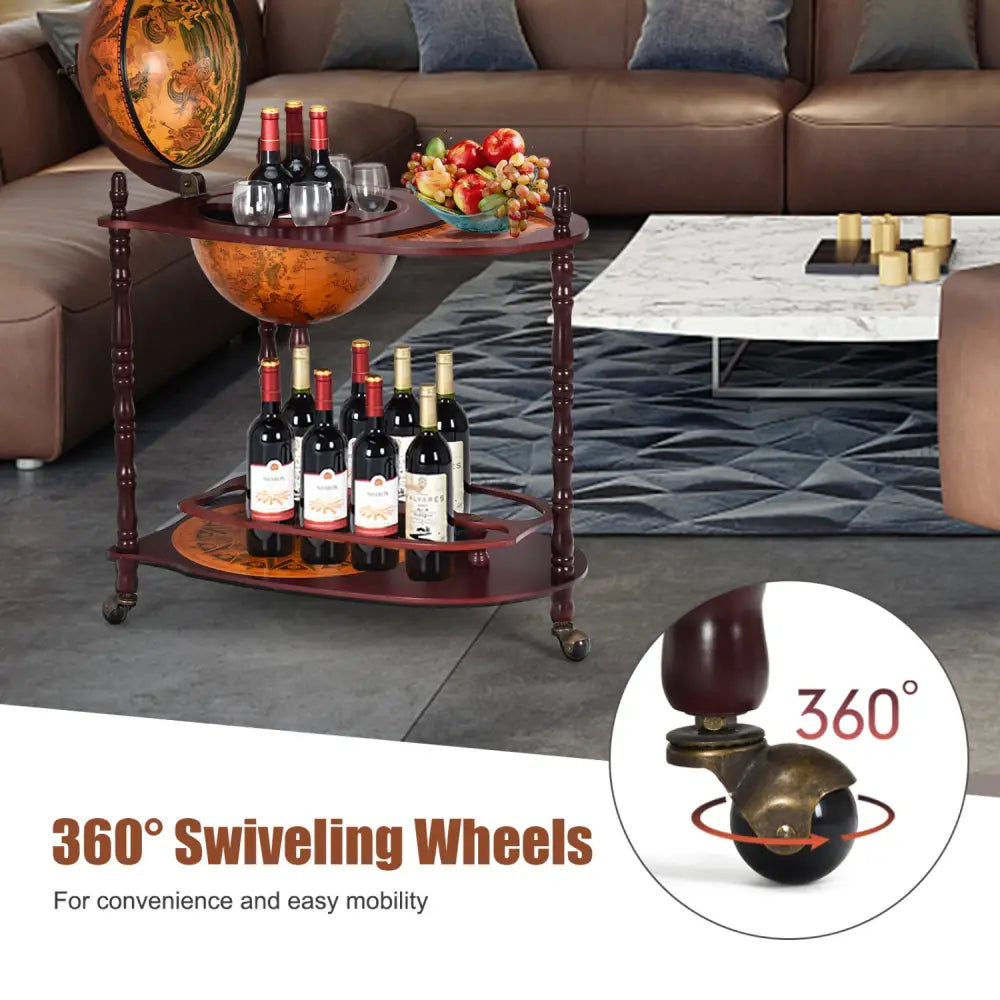 Vintage Globe Rolling Wine Bar Cart with Extra Shelf - Brown - Wine Racks