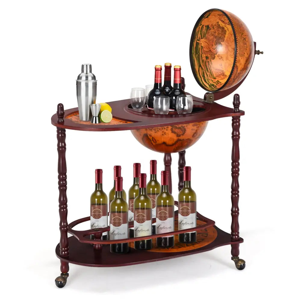 Vintage Globe Rolling Wine Bar Cart with Extra Shelf - Brown - Wine Racks